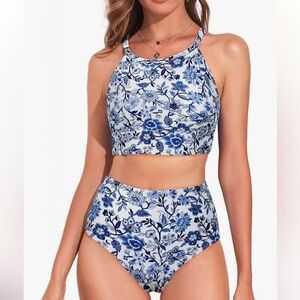 Floral Blue High-Neck Bikini Set